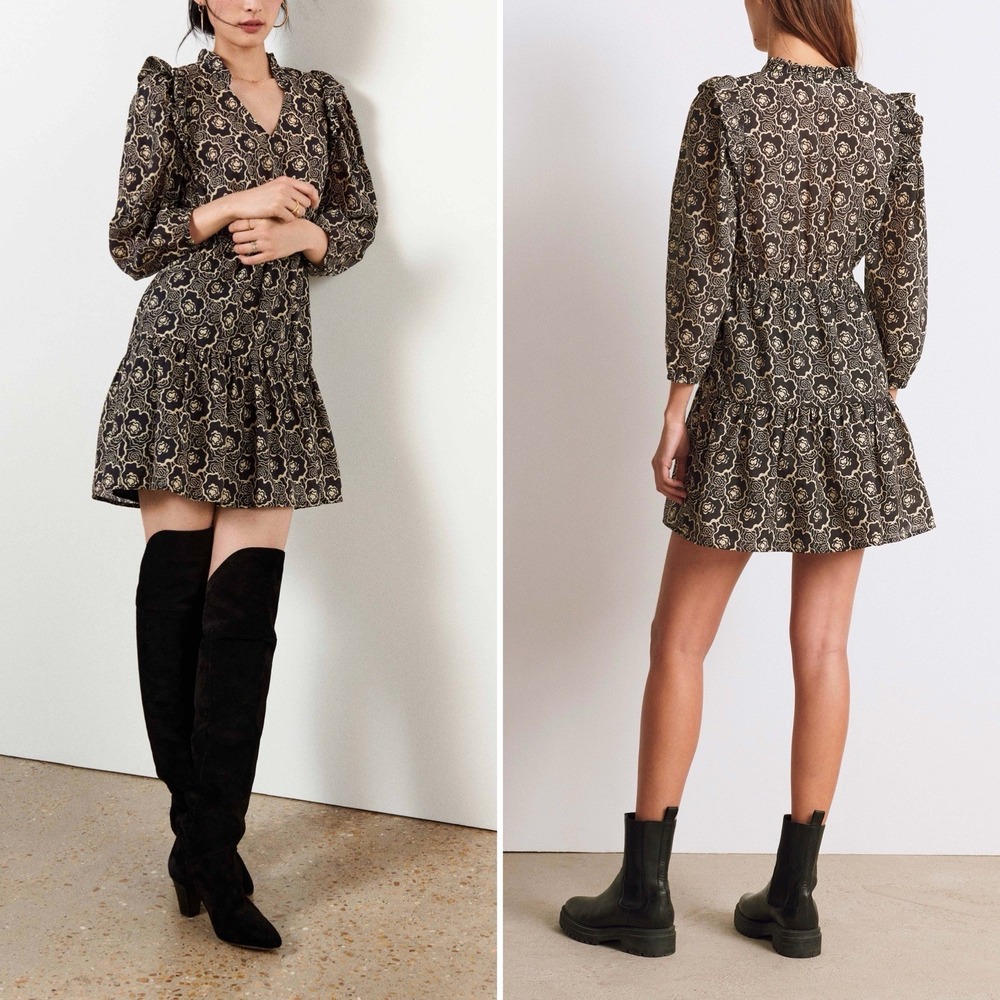 ba&sh Grazie Floral Printed Mini Dress Retro Style Elastic Waist V Neck Size 4‎